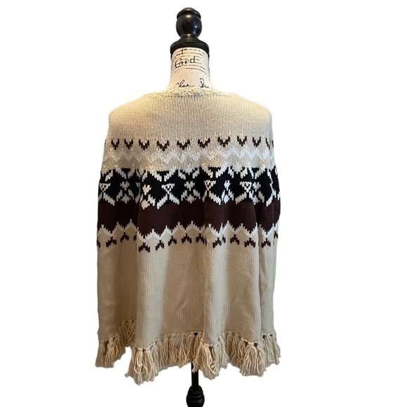 MODA INTERNATIONAL VS Sweater Shawl Brown XS Small Nordic Fair Isle Wool Fringe - Picture 5 of 13